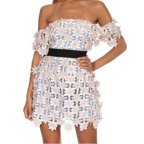 Self-Portrait Off-Shoulder Floral Lace Mini Dress In Light Blue And Blush